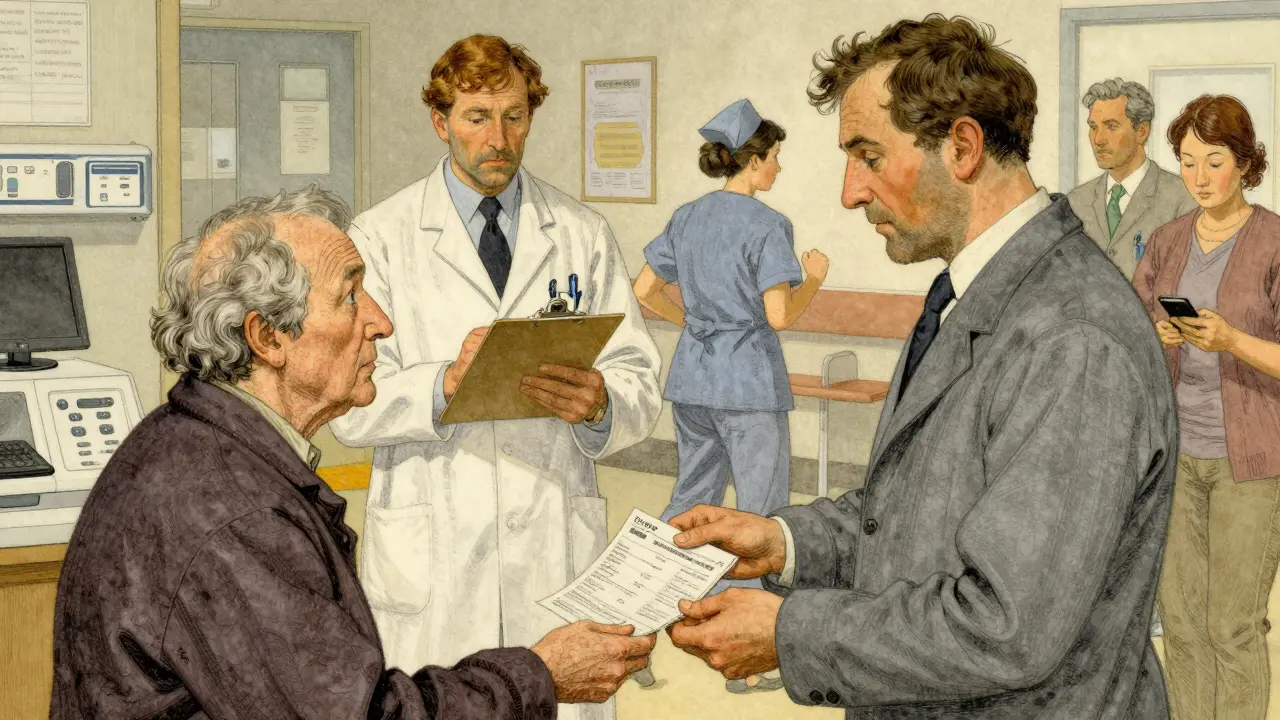 A pharmacist hands a discharge medication list to a patient amid hospital staff rushing by.