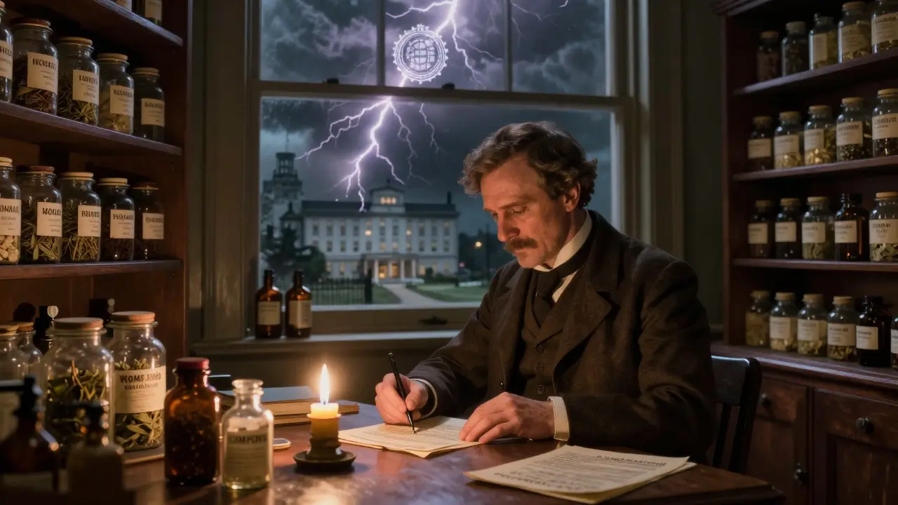 A pharmacist in an old apothecary filling out a MedWatch form as reports glow upward into the sky.