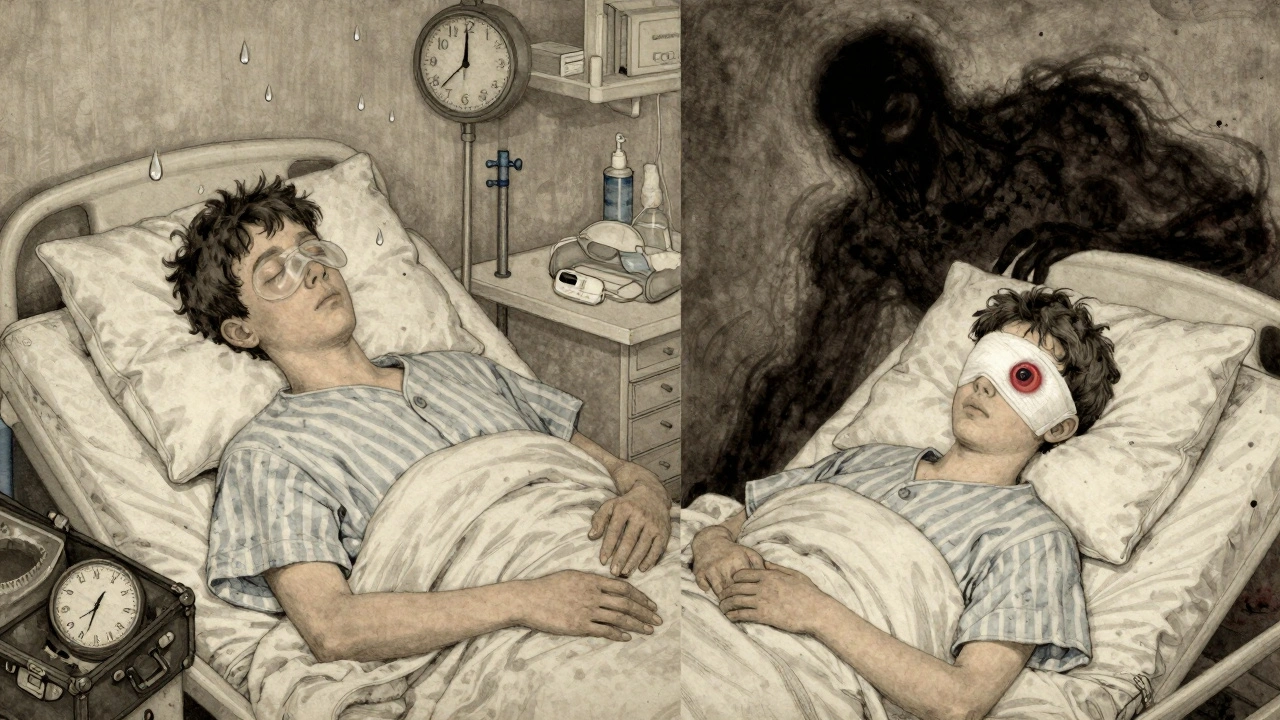 A split illustration: one side shows someone sleeping with contacts in, the other shows the same person hospitalized with a bandaged eye and a shadowy ulcer.