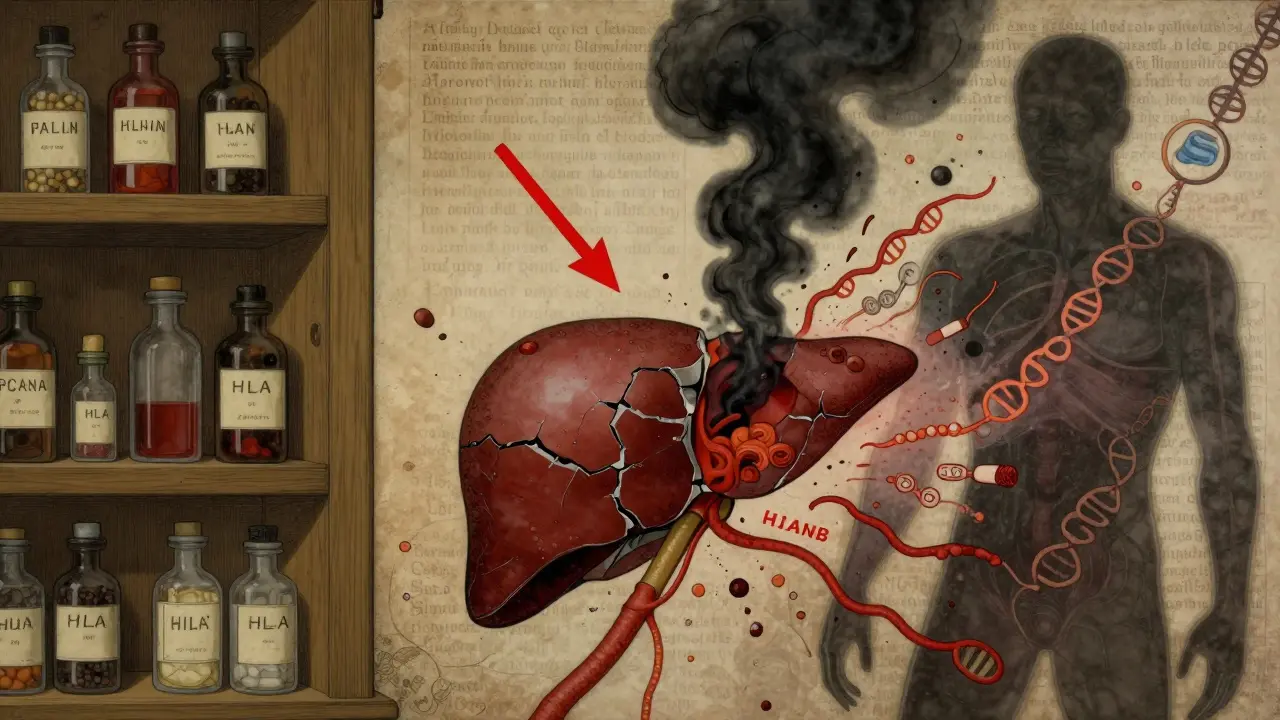 A split scene: peaceful pharmacy on one side, chaotic organ failure and gene symbols on the other, symbolizing hidden drug reactions.