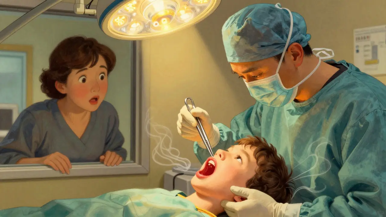 A surgeon removes obstructive tonsils and adenoids from a child under warm light, with a hopeful parent watching nearby.