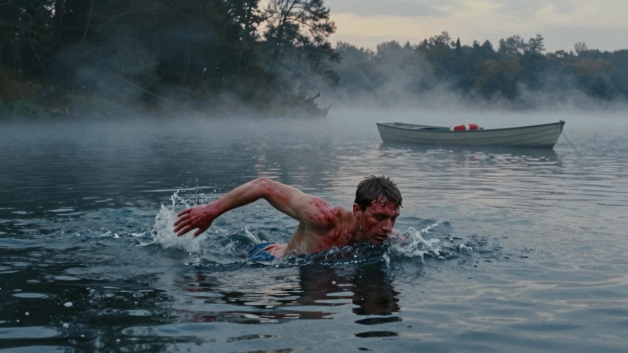 A swimmer in a cold lake with hives spreading across their body, surrounded by mist and shadowy trees.