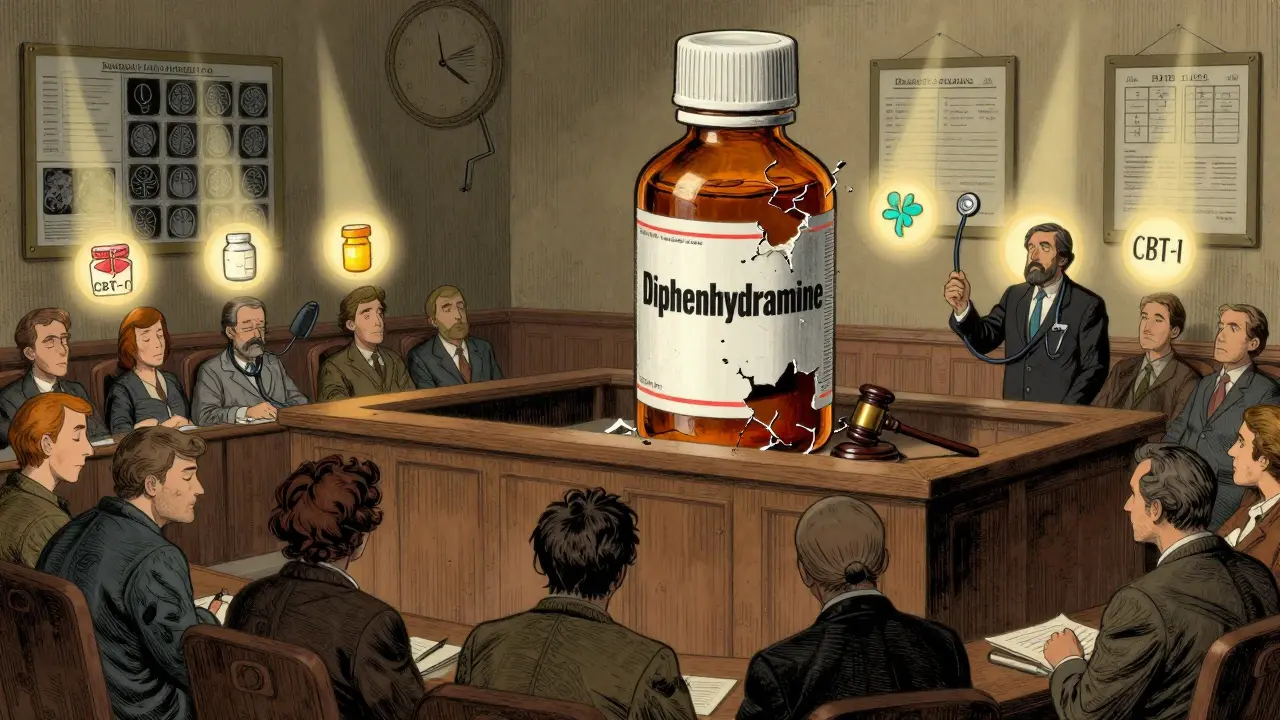 A symbolic courtroom where a diphenhydramine bottle is on trial, with melatonin and CBT-I as symbols of safer alternatives.