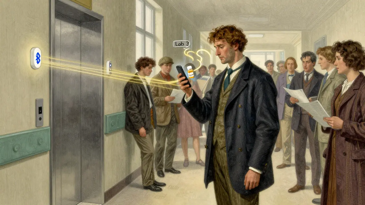 A visually impaired patient walks confidently through a hospital hallway guided by golden sound threads from Bluetooth beacons, while others hold paper documents.