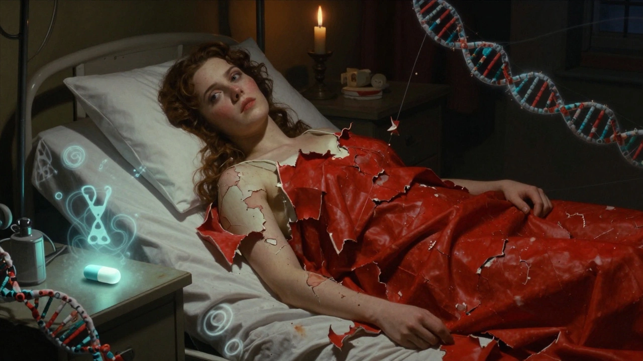 A young woman in a hospital bed with peeling skin, a pill glowing nearby, surrounded by genetic symbols in dramatic lighting.