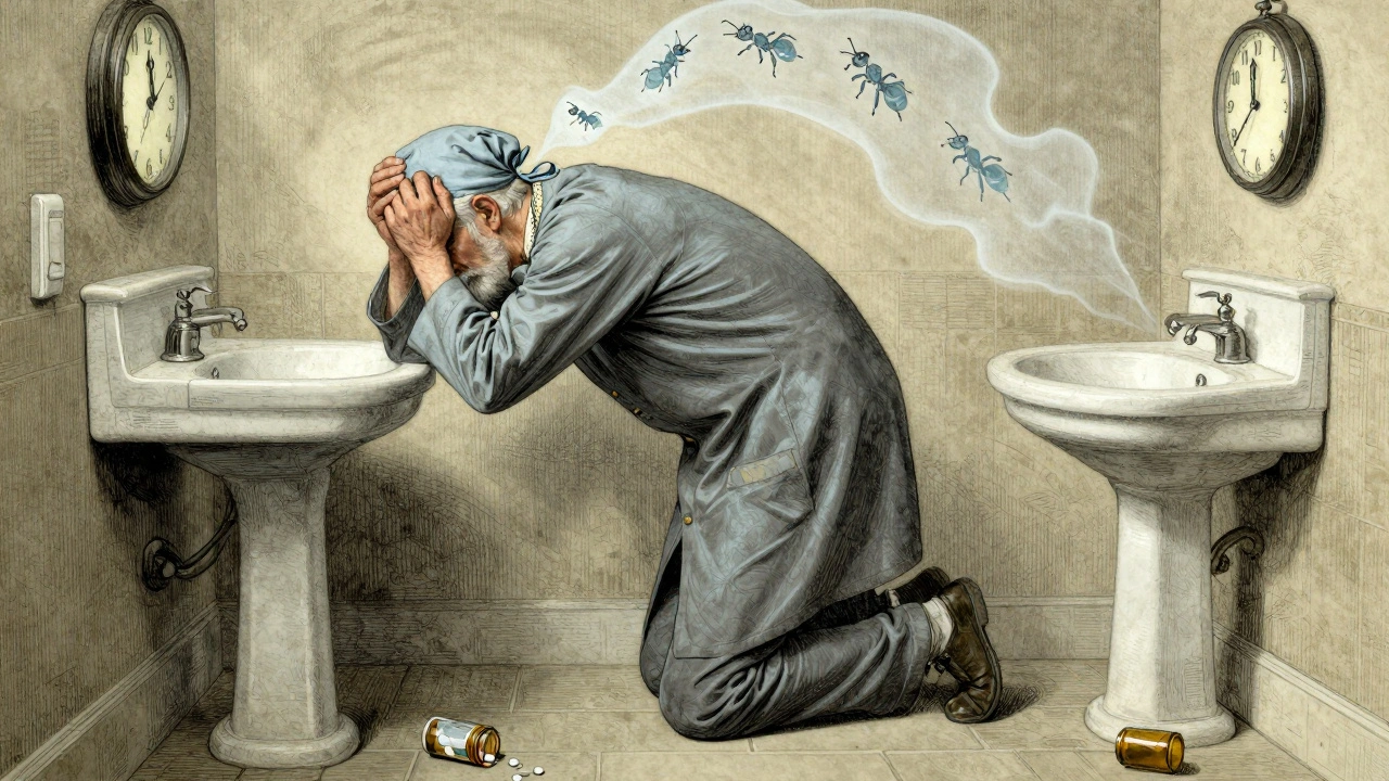 An elderly man stumbling at night, surrounded by symbols of cognitive decline from sleep medication.