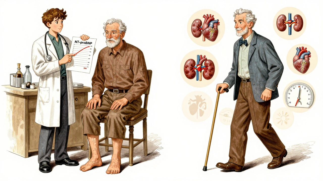 An elderly man with swollen ankles is shown before and after NT-proBNP testing, with medical icons floating around him in a narrative illustration.