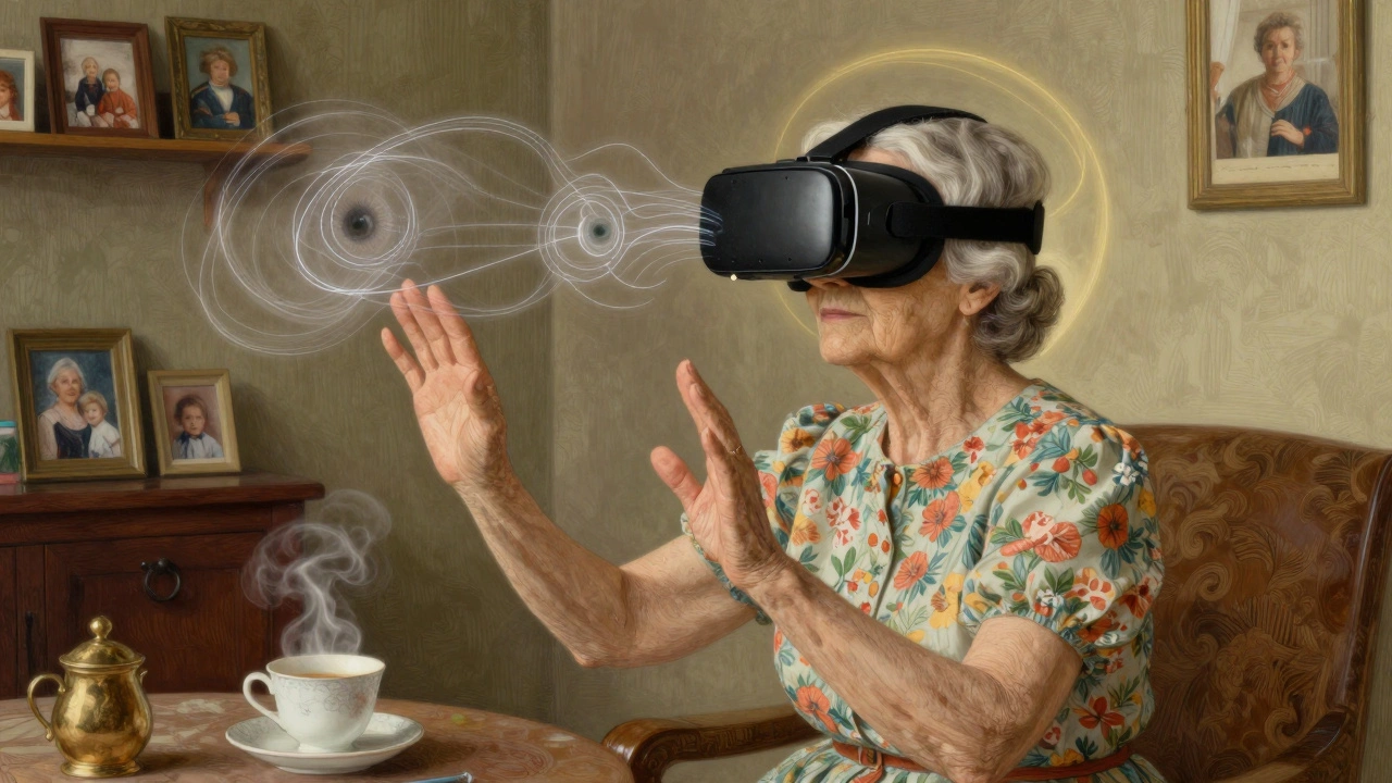 An elderly woman in VR, navigating a virtual home, with glowing eye-tracking lines in a cozy living room.