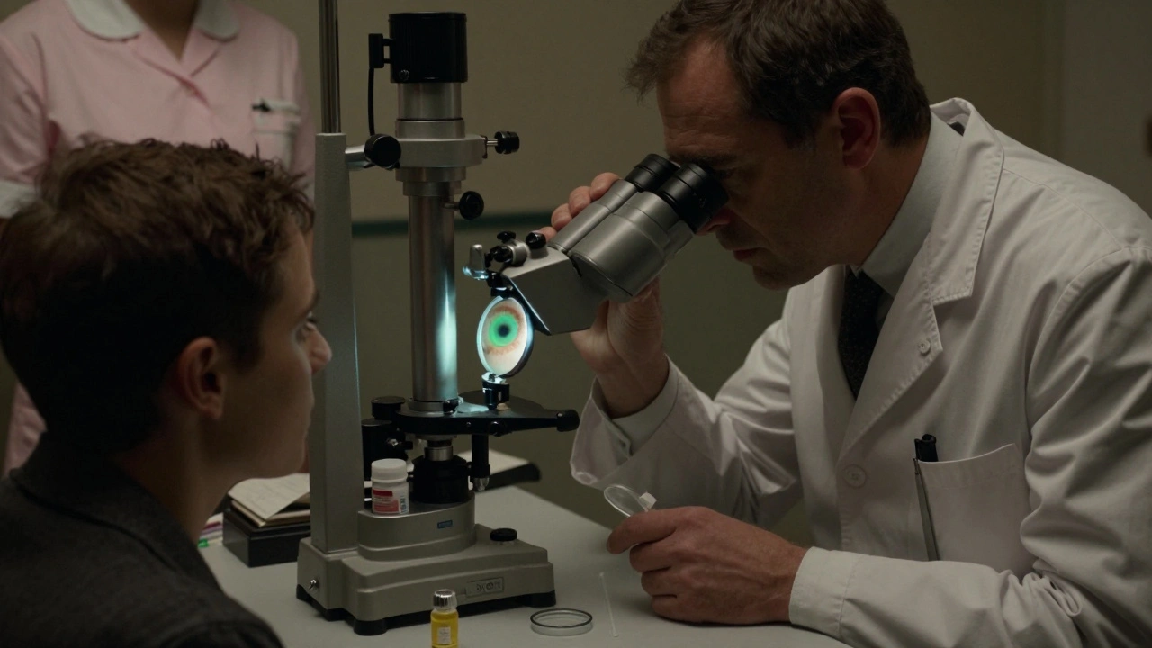 An ophthalmologist examining a patient's eye with a slit-lamp, revealing a corneal ulcer, while antibiotic drops and a dirty lens case sit on the table.