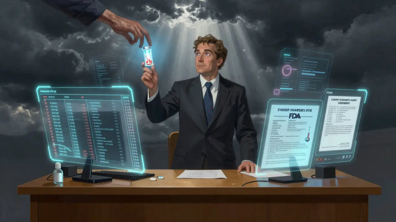 Chief Pharmacy Officer surrounded by digital compliance logs as a patient’s hand reaches for a safe medication.