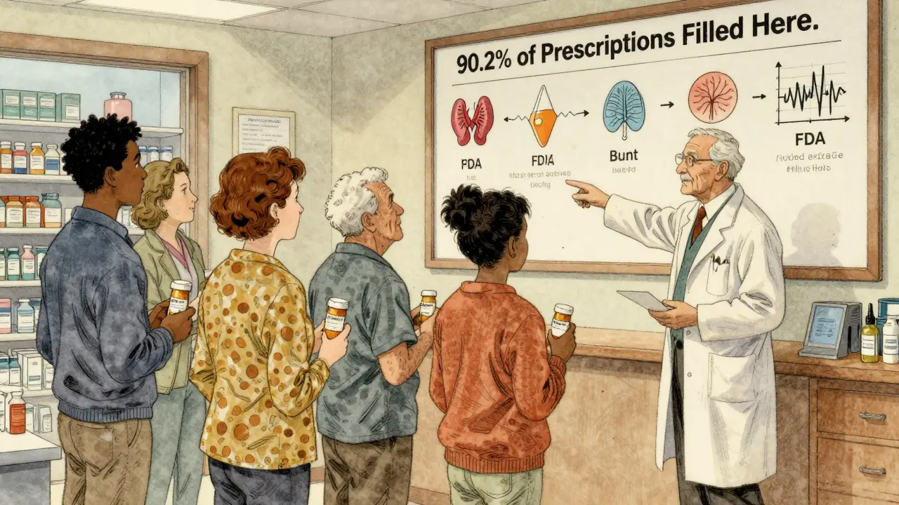 Diverse patients in a pharmacy queue with a mural depicting the FDA approval process for generic drugs.
