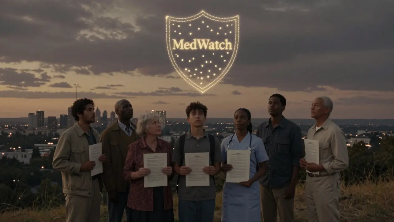 Diverse people holding reports as glowing dots form the MedWatch shield in the night sky.