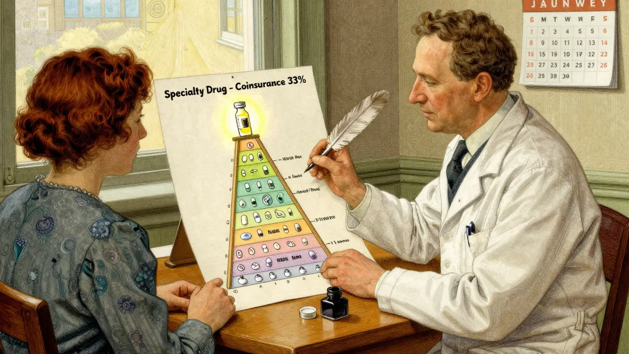 Doctor and patient reviewing a hand-drawn formulary ladder with drug icons and quarterly calendar.