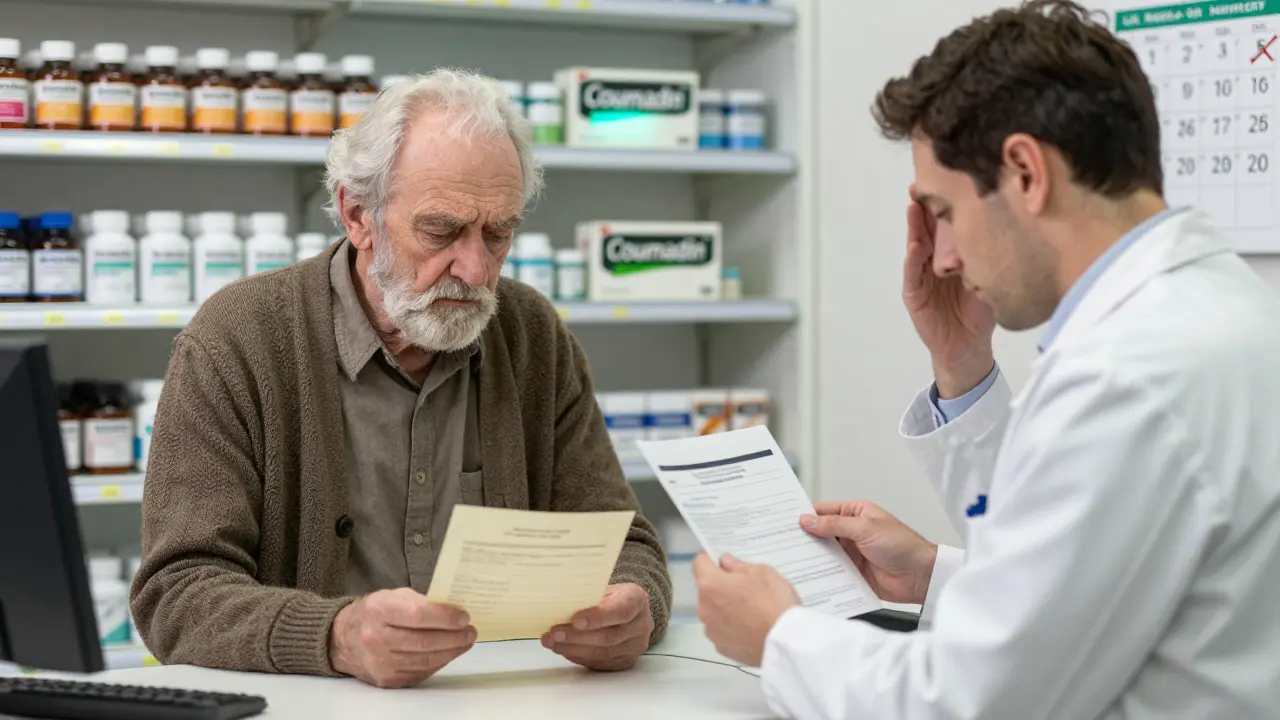 Elderly man at pharmacy counter receiving insurance denial, brand medication visible on shelf behind counter.