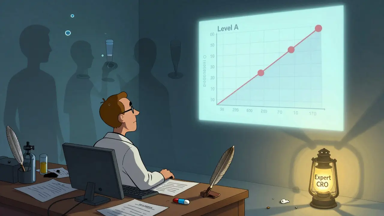 Generic drug developer surrounded by failed models, illuminated by a lantern labeled 'Expert CRO'.