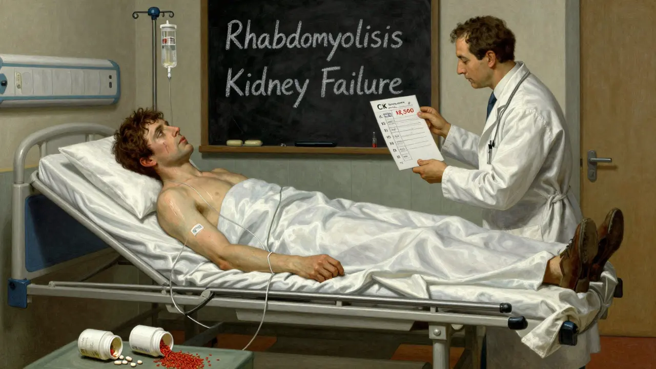 Hospital emergency scene with patient on gurney, blood test showing high CK levels, and overturned supplement bottles spilling red rice that turns to pills.