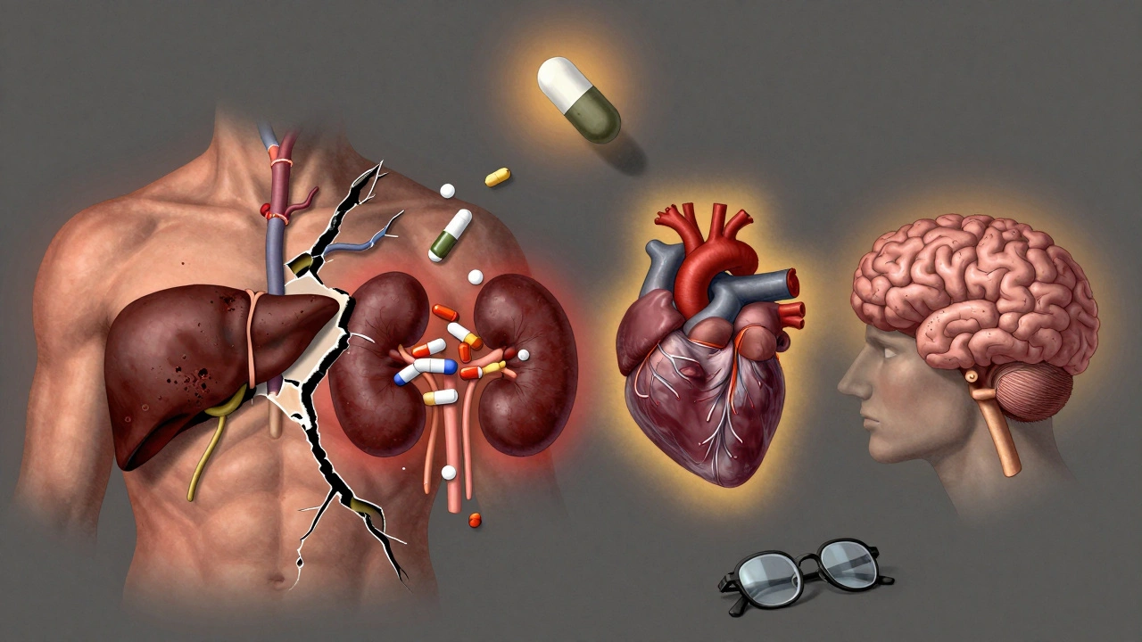Human torso divided into four damaged organs glowing with warning signs from medication overload.