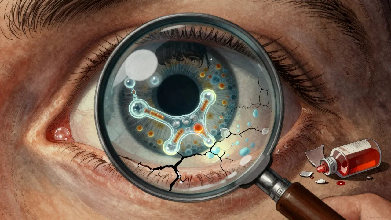 Microscopic view of eye repair with glowing molecules, discarded redness drop at bottom, cinematic lighting.