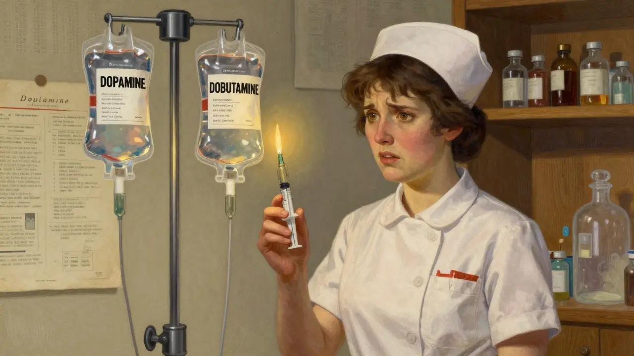 Nurse hesitating between two IV bags labeled Dopamine and Dobutamine under soft candlelight.