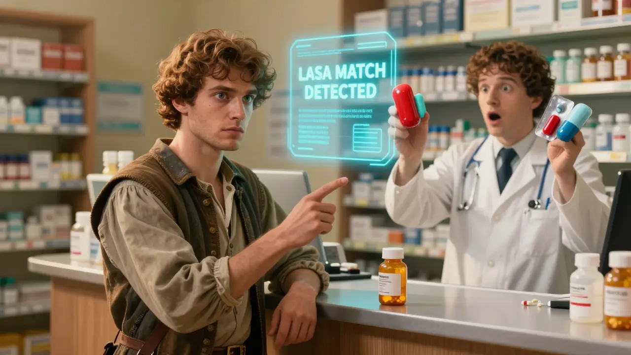 Patient confronting pharmacist over mismatched generic pills, with a subtle AI warning glowing in the background.