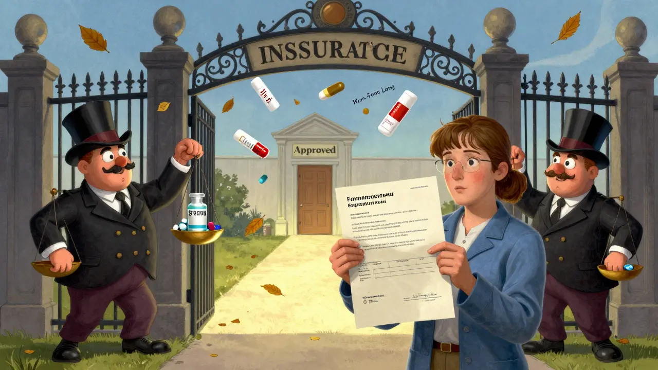 Patient submitting exception request to insurance gate guarded by PBMs with cost scales.