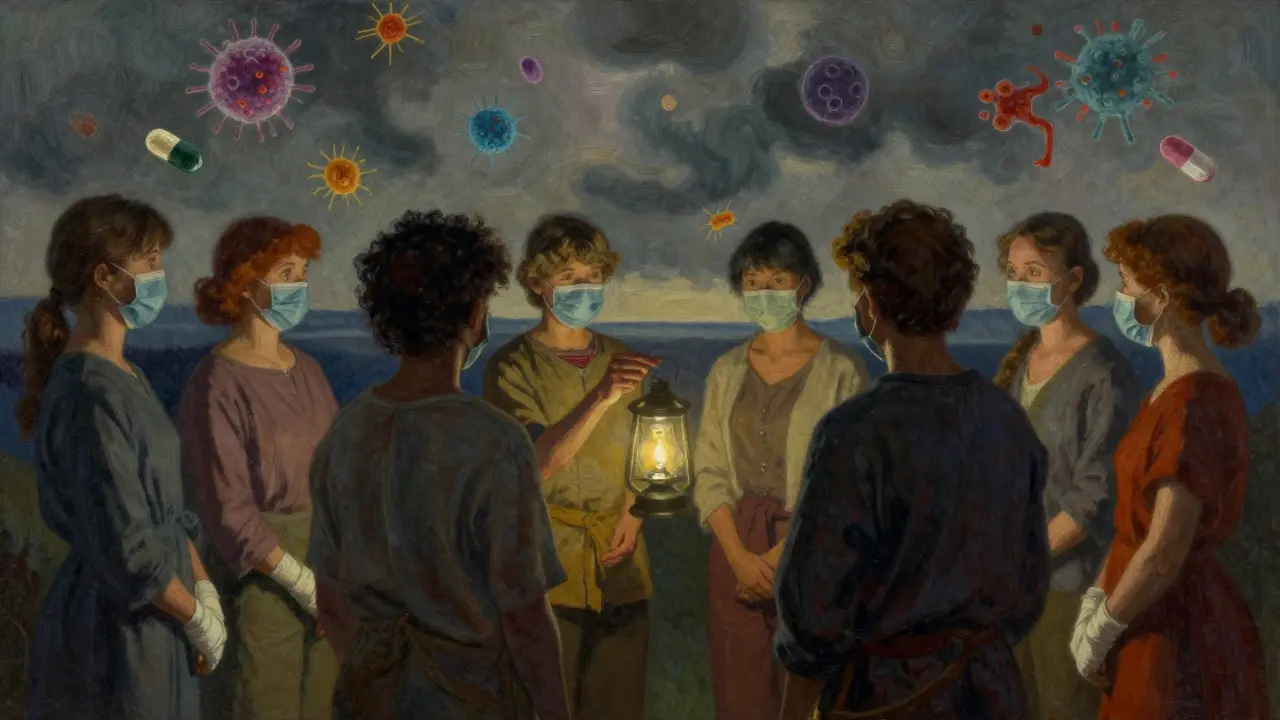 Patients stand together under a lantern, one holding a vaccine, as antibiotic-resistant bacteria loom in the distance.