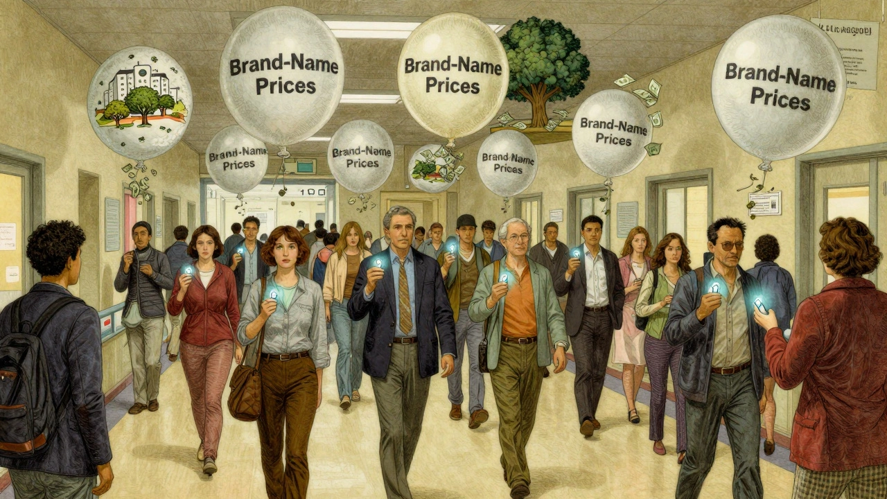 Patients walk through a hospital hallway with glowing generic pills, while expensive brand-name balloons pop overhead.