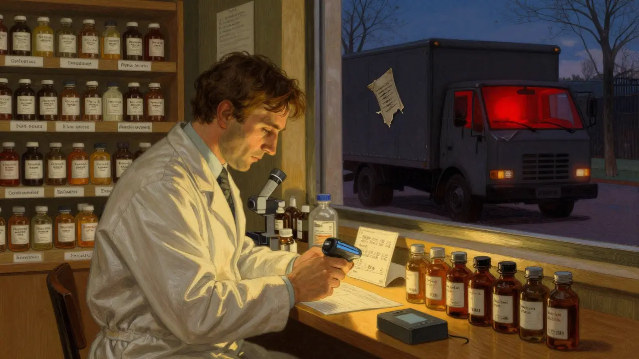 Pharmacist scanning vials under warm light as an unverified delivery truck looms outside.