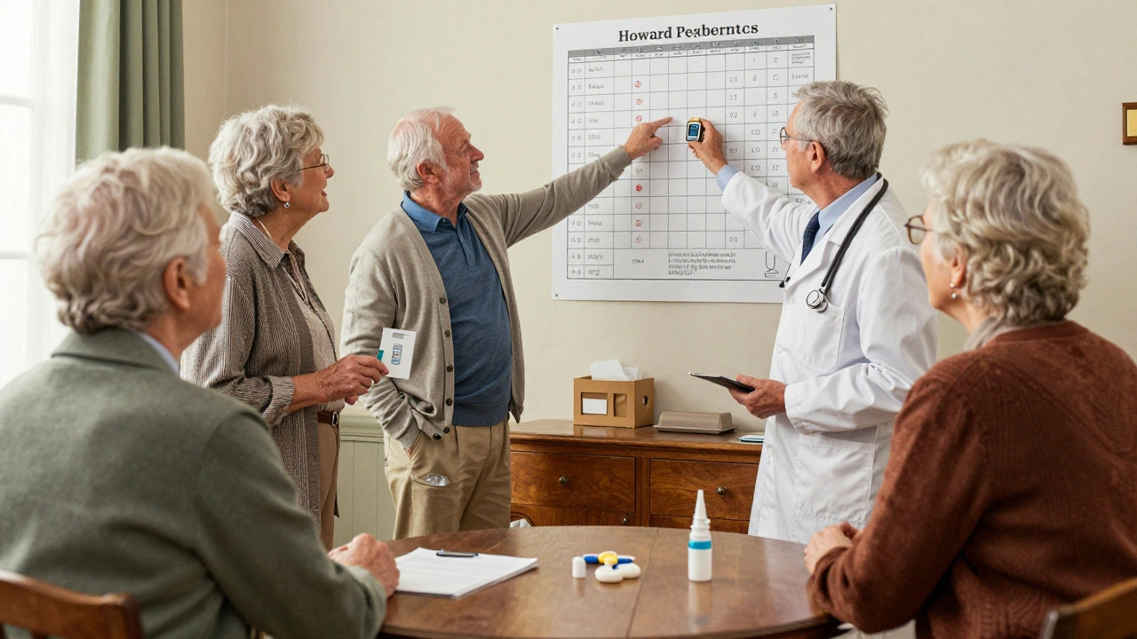 Seniors learning about safe diabetes medications with a doctor in a cozy clinic setting.