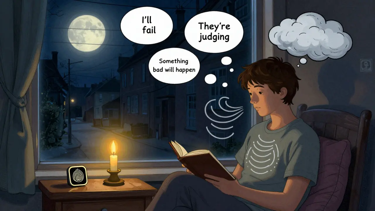 Someone journaling at night as anxious thoughts turn into calm clouds, with breathing lines and a glowing app.