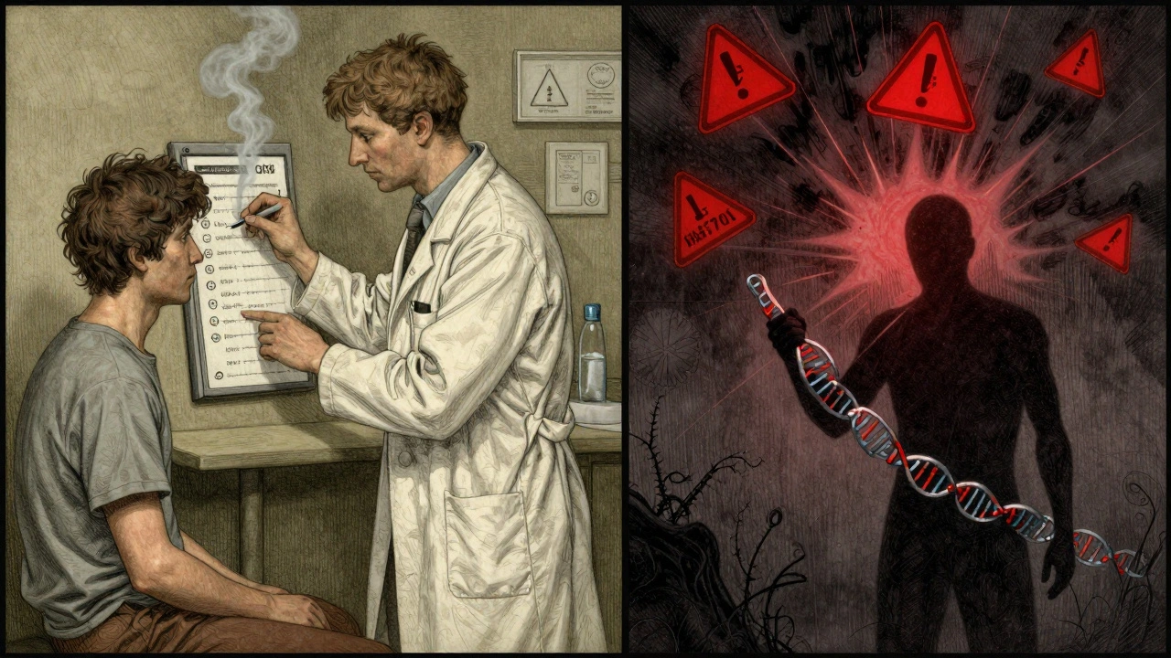 Split illustration: calm doctor adjusting dosage on one side, chaotic genetic warning on the other, in classic illustrative style.