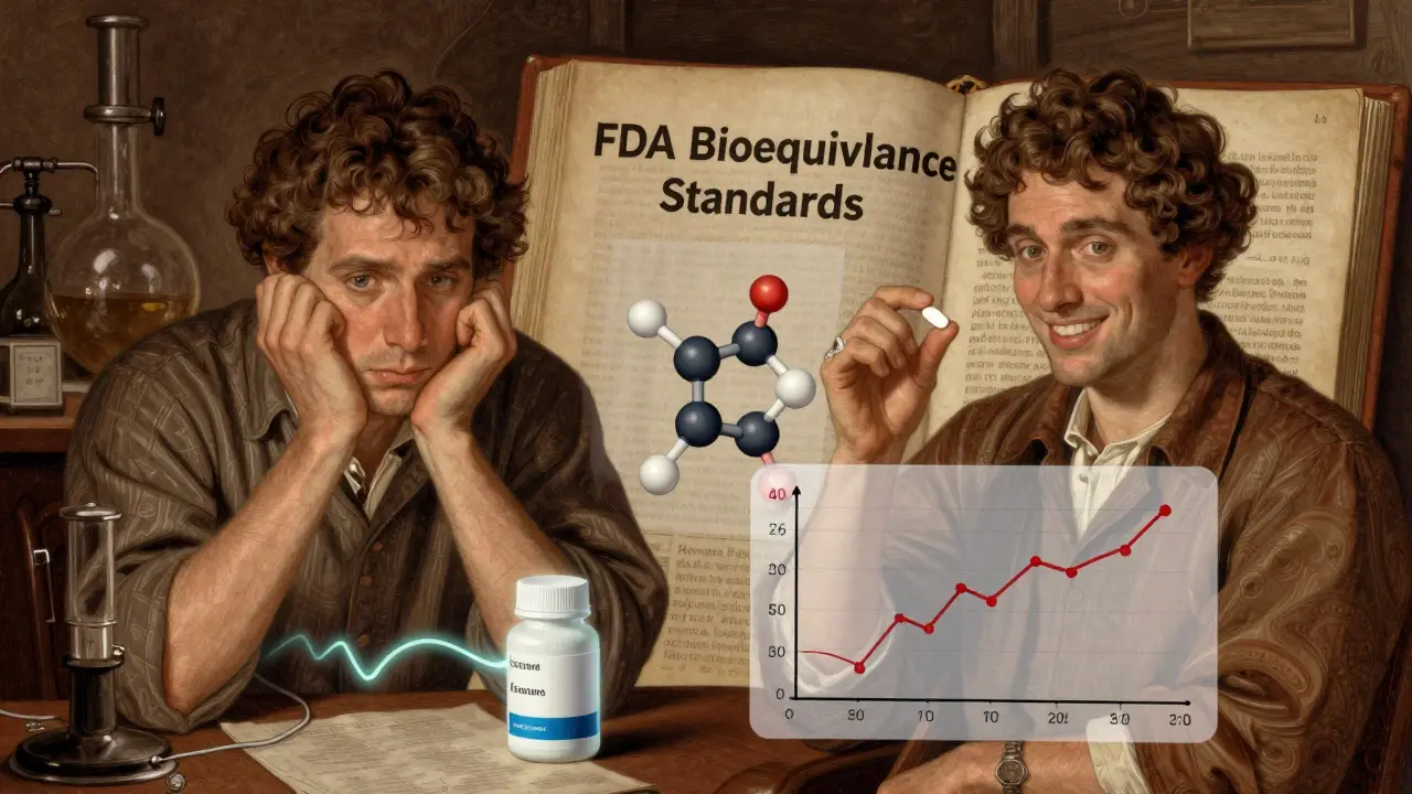 Split illustration showing a patient's blood levels stabilizing after switching to a generic medication.