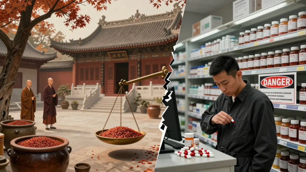 Split illustration: traditional Chinese red rice fermentation on left, modern unsafe supplement shelf on right, with a tilted scale between them.