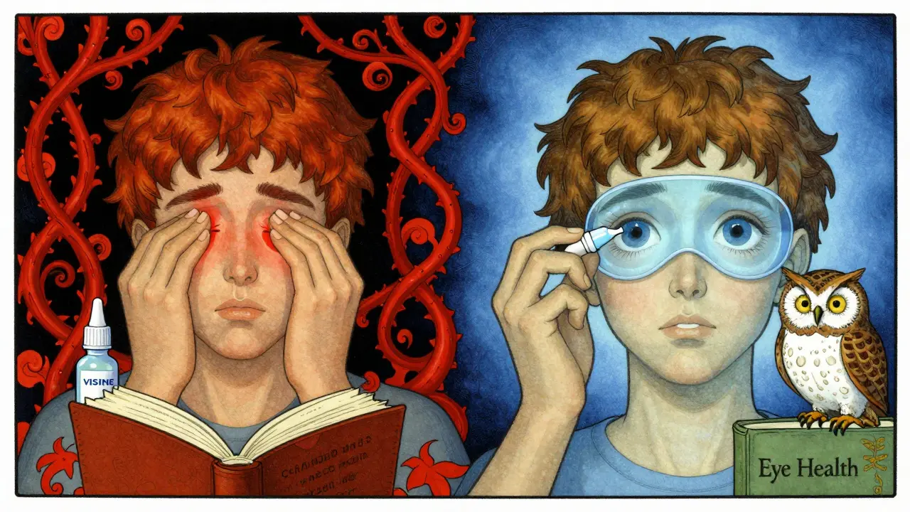 Split scene: irritated eye with red vines vs. calm eye protected by lipid shield, wise owl observing.