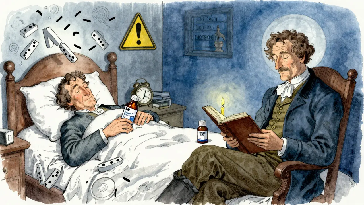 Split scene showing the dangers of diphenhydramine on one side and a calm sleep routine with melatonin on the other.