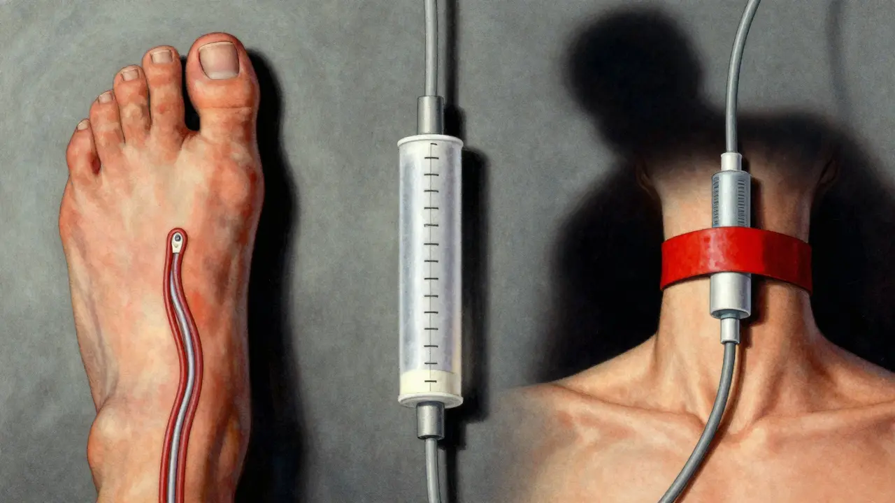 Three dialysis access types side by side: fistula, graft, and catheter, with lighting highlighting their safety differences.