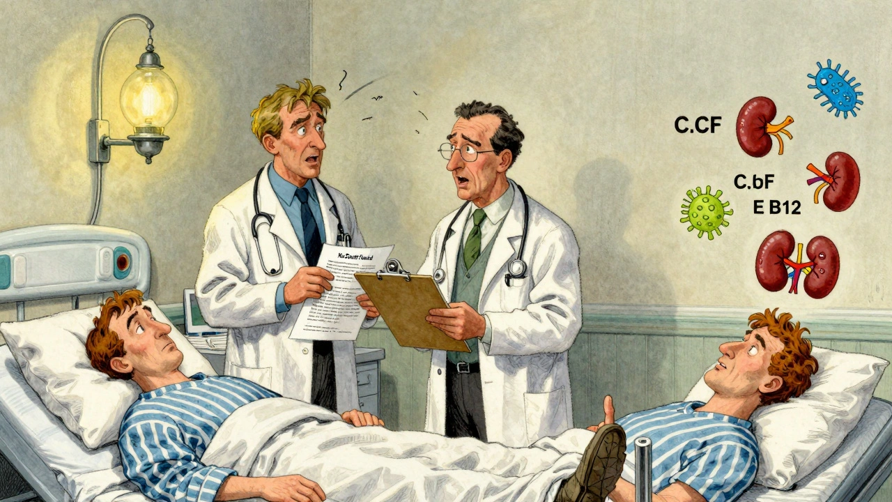 Three doctors debate over a patient&#039;s prescription, with medical risks like bacteria and broken bones appearing in the air around them.