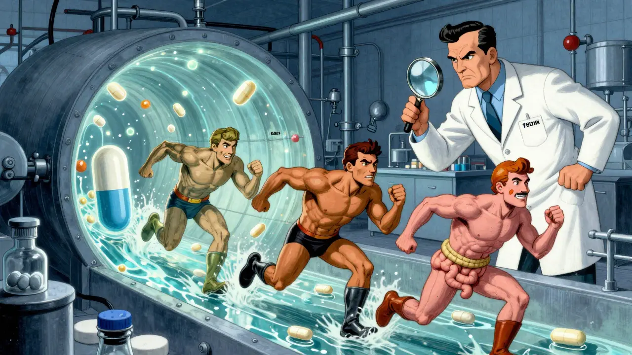 Three tablet formulations racing through an intestinal tunnel under FDA inspection.