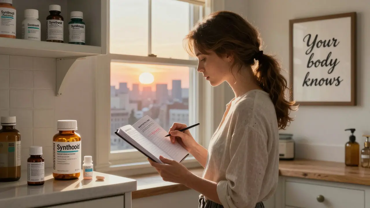 Woman holding medical journal beside Synthroid bottle, sunrise through window, discarded generic pill bottle on counter.