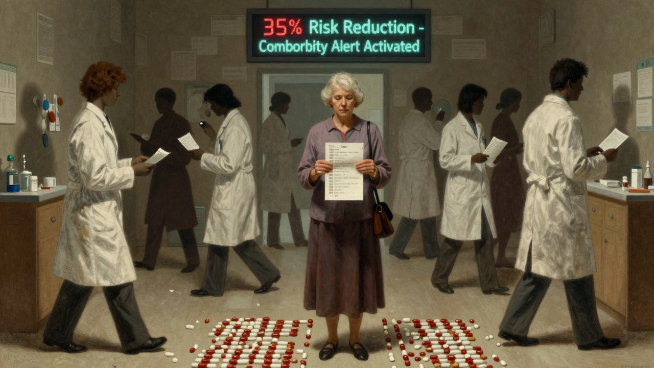 Woman in medical maze surrounded by specialists handing out prescriptions, with a minefield of pills at her feet.