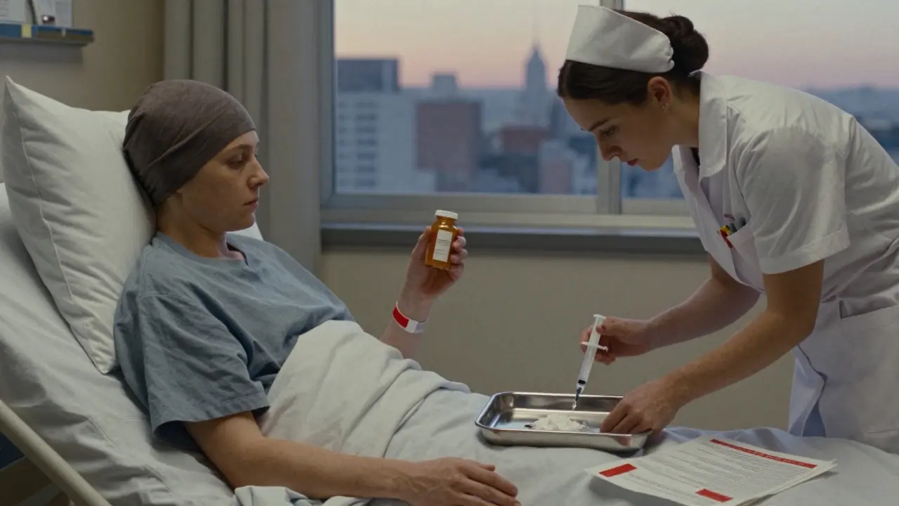 A cancer patient holds an empty bottle as a nurse compounds medicine from raw powder, symbolizing drug shortages.