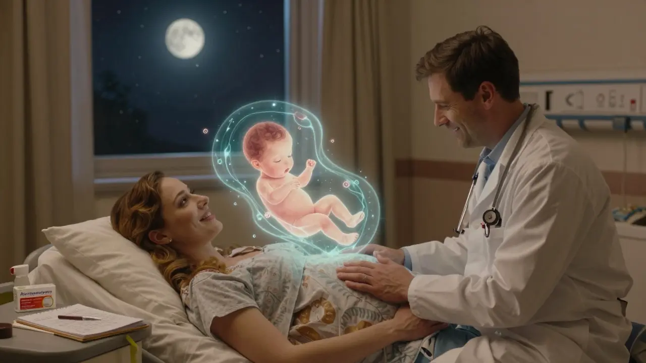 A doctor comforting a pregnant woman in a hospital room, with an ethereal amniotic fluid swirl around the fetus.