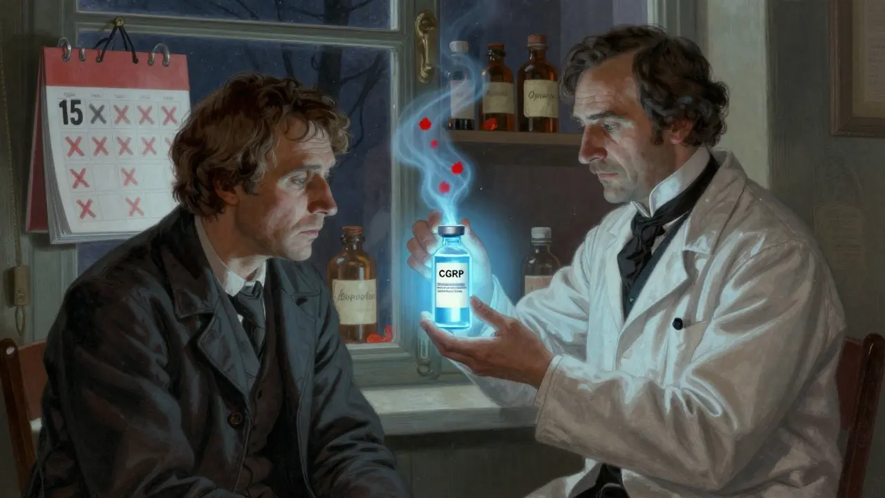 A doctor gives a patient a CGRP injection that dissolves red migraine calendar marks.