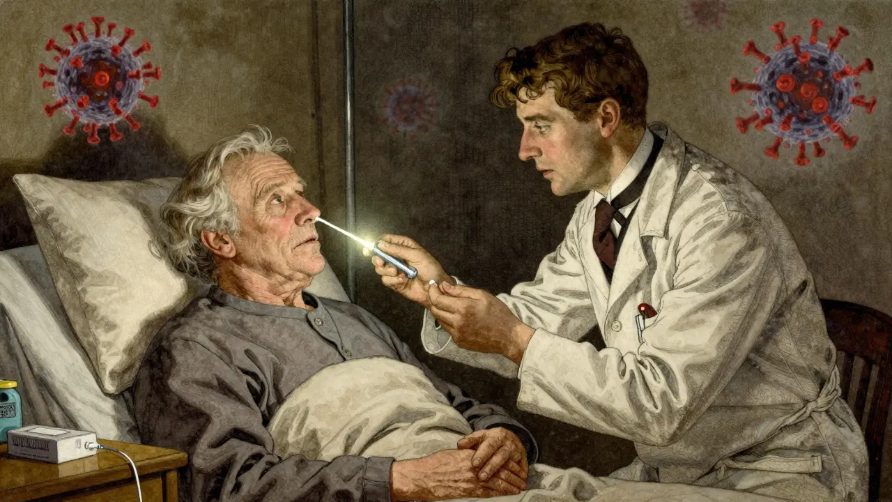 A doctor gives an antiviral pill to an elderly patient, with a flu test kit glowing on the nightstand.