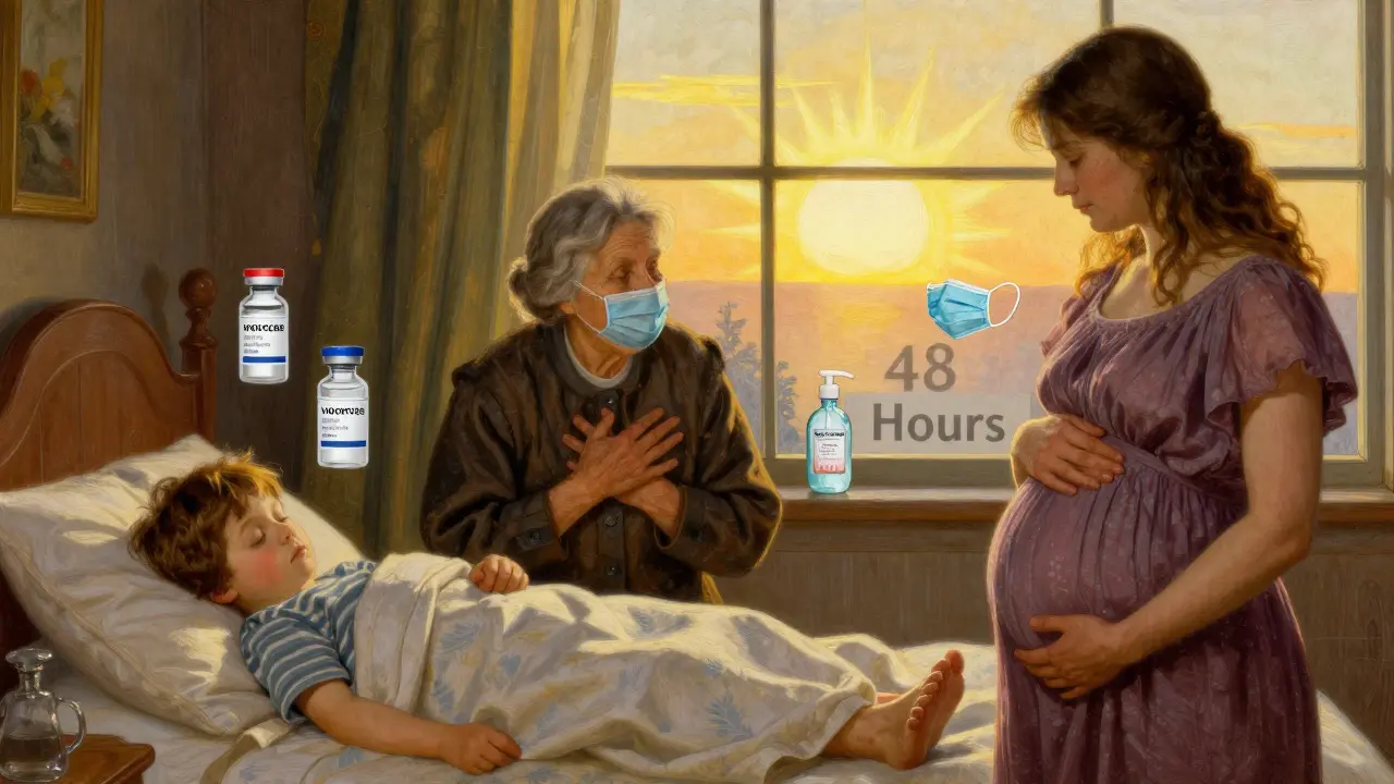 A family at risk is surrounded by symbols of prevention as sunlight breaks through the window.