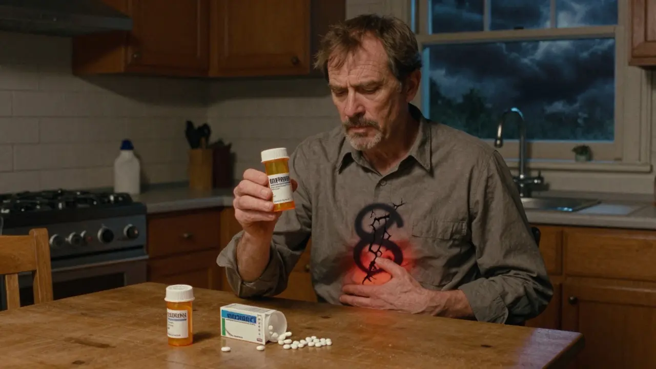 A man at a kitchen table with ibuprofen, a shadowy ulcer above his stomach, and medication bottles nearby.