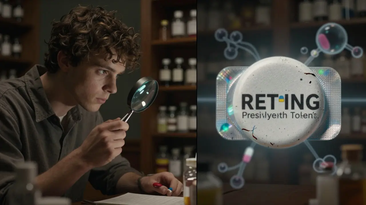 A man examining a pill under magnifying glass, comparing real and fake versions with toxic elements swirling around the counterfeit.