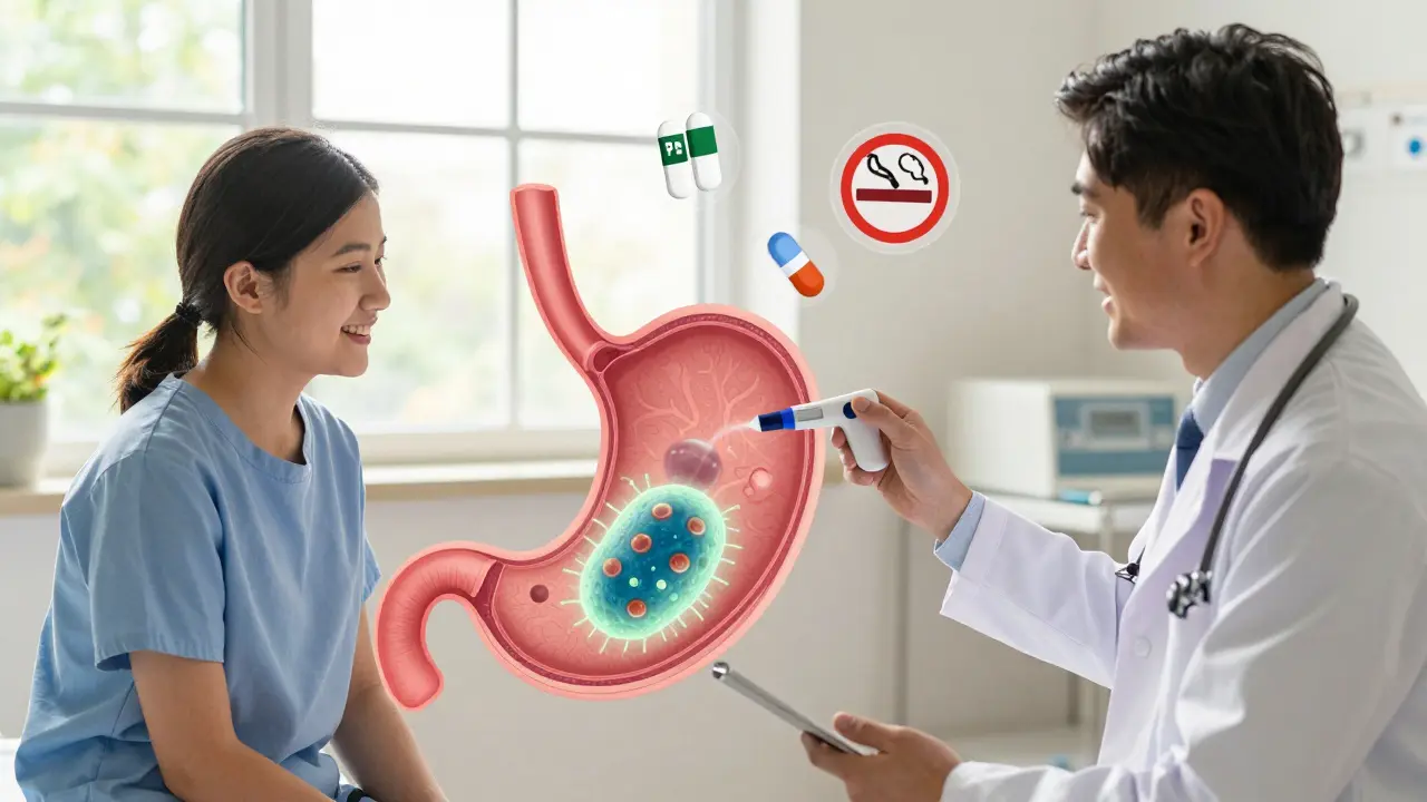 A patient and doctor celebrate with a breath test as H. pylori fades from the stomach lining in warm light.