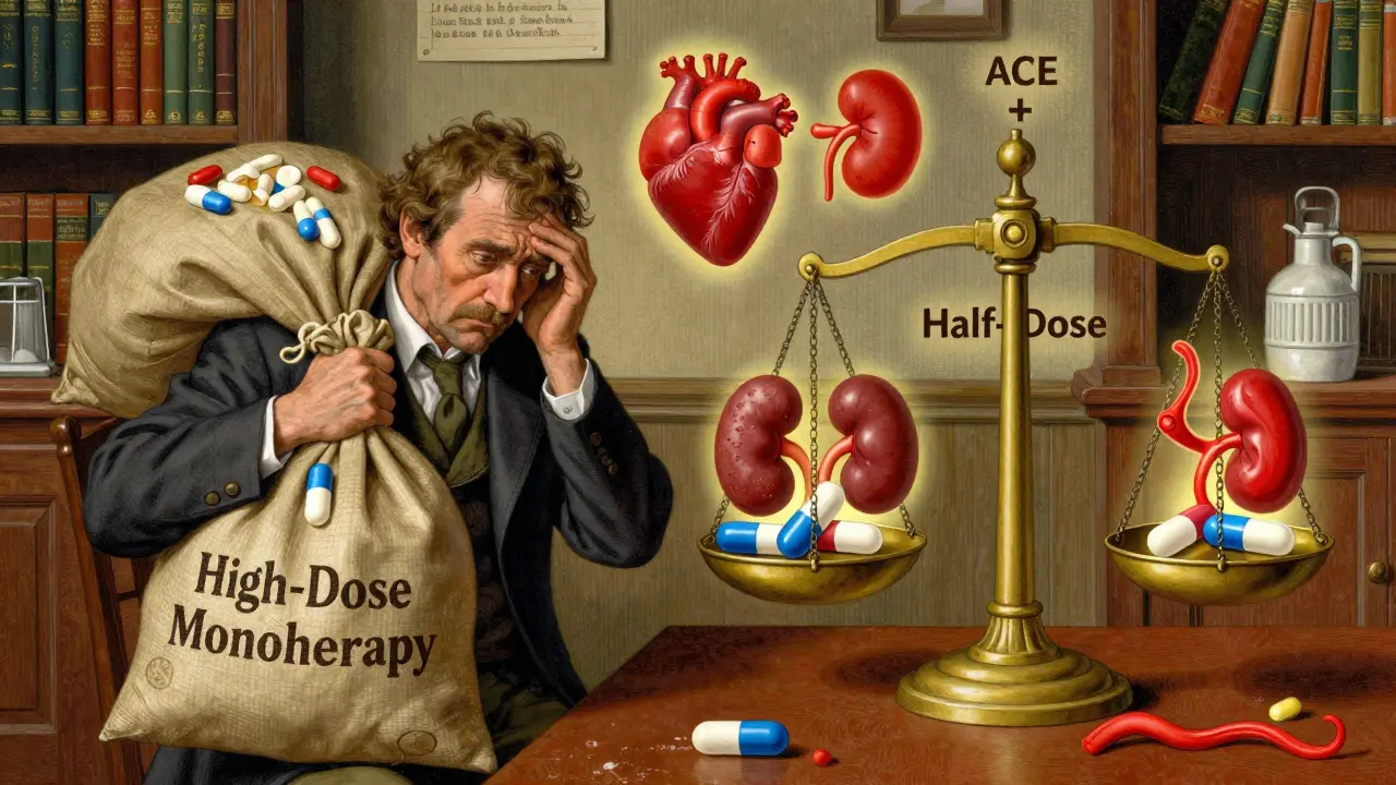 A patient compares a heavy sack of large pills to a balanced scale with two small pills for better health.