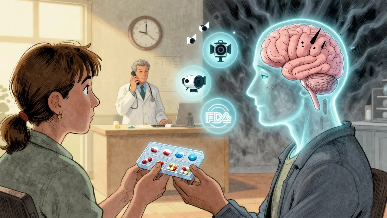 A patient with a pill organizer, their mind shown as calm on one side and fearful on the other.